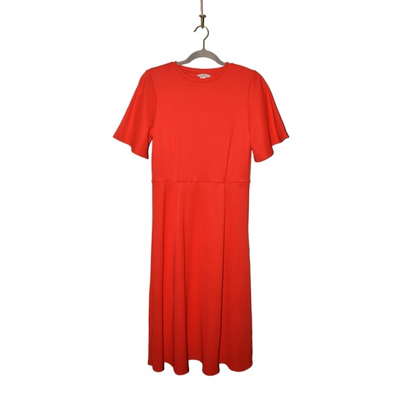 H&M NEW $35 Ribbed Jersey Knit Short Sleeve Midi Fit & Flare Dress Red Small - Picture 1 of 4